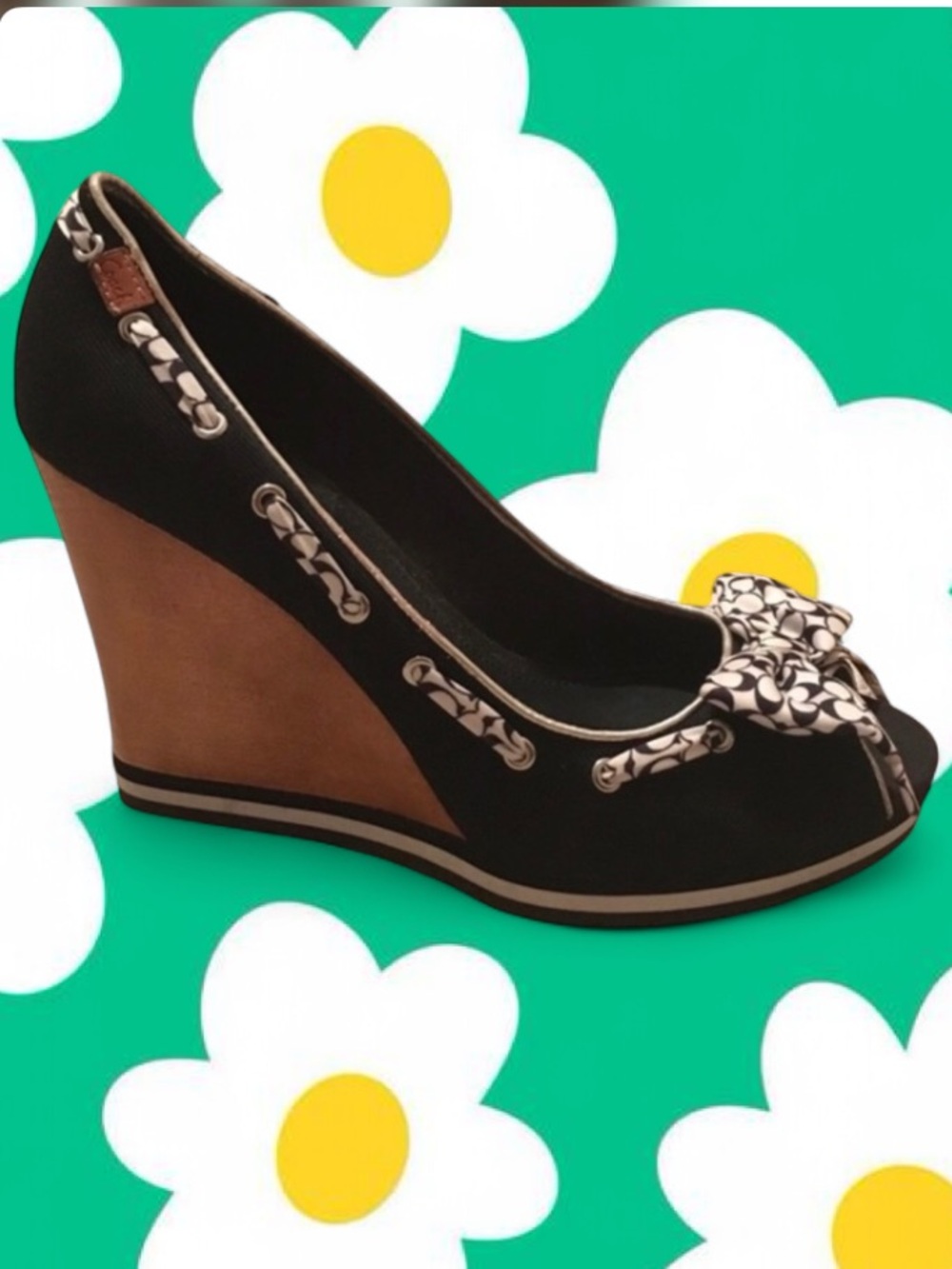 Coach Deadstock Thalia Wood Platform Wedge Peep-Toe Bow Pumps with Bow 10